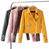 Women s Jackets Embroidery female autumn Korean version of the lapel locomotive PU leather short sleeved jacket Yellow pink Coat 231120