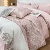 Set di biancheria da letto Set copripiumino rosa romantico di lusso Lenzuola e federe ricamate con fiori di rosa in puro cotone Tessili per la casa