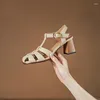 Sandals Genuine Leather Retro High Heels Summer 2023 Closed Toe Hollow Sandal Sexy Ladies Beige Brown T-Strap Party Shoes