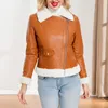 Women's Leather Women Warm Jacket Fashion Plush Cropped Coat With Pockets Zip Up Lapel Fall Winter Outwear