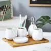 Bath Accessory Set Ceramic Bathroom Wooden Tray Wash Cup Six-Pieces Luxury Home Accessories Kit Soap Dispenser Toothbrush