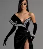 Black Velvet Evening Gowns Sweep Train Off the Shoulder Mermaid Prom Dresses High Slit Pearls Vestidos Formal Celebrity Gowns Dress Custom Made