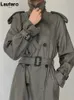 Skóra dla kobiet sztuczna wiosna Lautaro jesień długi szary płaszcz PU dla kobiet Raglan Sleeve Pas Runway Luksusowy projektant Europejski Moda 231120