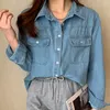 Blouses feminina Mulheres colares virados para as mangas cheias fêmeas de camisa de jeans solta de camisa de jeans solta