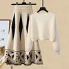 Two Piece Dress Women's Knit Sweater 2 Piece Set Fashion Wavy Hem Long Sleeve Pullover Sexy Crop TopTassel Hem Skirt Suit Knitted Set 230421