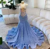 豪華なスカイブルースパンコールプロムドレス2024 Sheer O Neck Crystal Beads Mermaid Long Inguny Formal Birthday Party Gowns Robe De Soiree Vestidos de noche