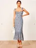 Casual Kleider Sommer 2023 Frauen Spaghetti Strap Chiffon Kleid Runway Europäischen Böhmischen Blumen Gedruckt Midi Rüschen