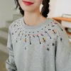 Camisetas femininas Camisa feminina o pescoço de manga comprida impressão de algodão vintage bordada larga bordado outono casual coreano roupas de moda