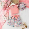 Clothing Sets Kids Girls Skirt Outfit Set Summer Clothes Camisole Tank Top With Flower Print Belt And Hat