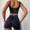 Aktiva uppsättningar Ribbed Washed Seamless Sport Set Women Two Piece 2sts Crop Long Shirt Shorts Workout Outfit Fitness Wear Gym Yoga kläder