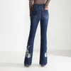Calças de brim femininas Ferzige Bordado Luxo Flare Calças Skinny Stretch Mulheres Moda Cintura Alta Casual Slim Fit Calças Plus Size