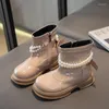 Boots Winter Girl's Pearl Riband Patent Pu Leather Beautiful Children Short Boot Black Khaki Chunky Plush Warm Morden Kids Shoes