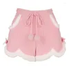 Damesshorts Roze Kawaii Pluche Strik Lolita Dames Schattig Elastische taille Veterschoenen Korte broek Y2k Vrouwelijk Koreaans Warm Wijde pijpen