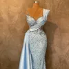 Sky Blue Women Evening Pageant Dress 2024 Luxury Sheer Neck Glitter Sequins Beads Mermaid Prom Formal Party Gowns Robe de Soiree