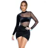 Robes décontractées maille velours voir à travers plissé Mini robe femmes col rond manches longues moulante noir femme Sexy élégant fête Vestidos