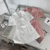 Flickaklänningar Baby Girls Dress Korean Barn Double Breasted Puff Sleeve Pleated DrawString Lace Up Vestidos Kids kläder 3 till 10 år
