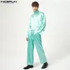 Tracksuits voor heren Incerun Sets Solid Color Satin Streetwear Turtleneck lange mouw T -shirt Wide been broek 2 stks mode casual pakken