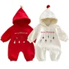 ロンパーズ韓国のクリスマスベイビーロンパーのための女の子の服フリースフリース幼児ジャンプスーツファッションフード付きワンディー幼児衣装231120