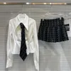 Arbeitskleider PREPOMP 2023 Winter Drehen Unten Kragen Krawatte Schlanke Taille Hemd Tweed Kurzen Rock Zwei Stück Set Frauen Outfits GM563