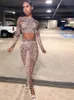 Printed See Through Mesh Piece Set Women O neck Long Sleeve Crop Top High Waist Maxi Skirt Female Sexy Casual Suit