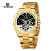 Relógios de pulso Forsining Marca Mens Relógios Mecânicos Super Grande Automático Moonphase Tourbillon Terra Data Rose Gold Steel Belt Watch