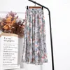 Röcke 2023 Frauen Frühling Sommer Chiffon Floral Maxi Rock Dame Slim A-Linie Elastische Hohe Taille Weibliche Vintage Plissee Faldas F468