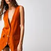 Kadın Yelekleri 2024 Sonbahar Ön Düğmesi Delek Vintage V Boyun Kolsuz Dış Giyim Sıradan Sinim