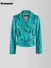 Femmes en cuir Faux Nerazzurri printemps automne court surdimensionné Cool Chic doux vert Pu Moto Biker veste femmes fermeture éclair ceinture piste de mode 231120