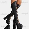 Laarzen RIBETRINI Punk Gothic Chic Platform Knie Hoge Laarzen Voor Vrouwen Gesp Blcok Hoge Hakken Cosplay Halloween Lange Designer schoenen T231121