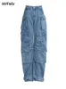 女子ジーンズ貨物女性ヴィンテージ90年代複数のポケットストレートバギーデニムズボンY2K衣類ハイウエストカジュアルパンツストリートウェア231120