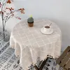 Nappe de table ronde à carreaux en coton et lin avec pompons, couverture anti-poussière pour dîner, décoration de mariage