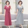 Casual Dresses 2023 Women Spring Summer Elegant Middle Aged Vestido Lady Pockets O-neck Short Sleeve Female Solid Dress F583