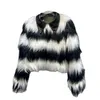 Women's Fur PREPOMP 2023 Winter Arrival Long Sleeve Pu Faux Leather Collar Black White Striped Short Jacket Women GM690