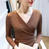 Kvinnor BLOUSES CROSS V-NECK BOTTOMING SHIRT Långärmad 2023 Spring and Autumn Fashion Sexig Mesh Top Long Sleeve Women Corset