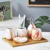 Bath Accessory Set Ceramic Bathroom Wooden Tray Wash Cup Six-Pieces Luxury Home Accessories Kit Soap Dispenser Toothbrush