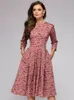 Casual Dresses Vintage Pleated Tunic Print Dress Women Elegant Ladies A Line es långärmad kvinnlig Autumn Mixi Party Vestidos 230427