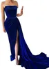 Sexy Royal Blue Mermaid Prom Dresses Long for Women Strapless Draped Floor Length High Side Split Birthday Pageant Celebrity Evening Party Gowns Formal Occasions
