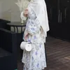 Ethnische Kleidung Sommer Chiffon Langes Kleid Blumendruck Plissee Schicht Rüschen Muslimische Frauen Abaya Dubai Turk Hijabi Robe Ramadan Eid Islam