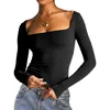 Camiseta feminina básica gola quadrada manga comprida tops para mulheres slim cabido top crop sexy y2k saindo streetwear