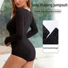 Kadın şekillendiricileri Kadın Kesintisiz Uzun Kollu Bodysuit Düz Renk Shapewear Yüksek Sıkıştırma Vücut Şeytan Kara Kontrol Yuvarlak Boyun Tulun