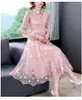 Casual Dresses 2023 Pink Floral Embroidery Mesh Midi Dress Autumn Boho Fashion Light Polo Shirt Women Korean Elegant Bodycon Vestidos