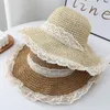 Breda brimhattar spetsar halm hatt kvinnor sommarvisor stora lolita panama hink floppy uv cap foldble skydd strand q6w1