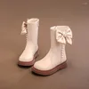 Botas meninas sapatos moda princesa alta top meninas couro impermeável mais veludo quente neve crianças arco design longo