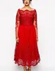 Red Full Lace Plus Size Formal Dresses Sheer Bateau Long Sleeve prom Evening Gowns Tea Length A-Line Mother Of The Bride