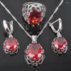 Necklace Earrings Set Silver Color Jewelry For Women Gift Red Cubic Zirconia Ring Earring Bracelet Wedding QS0164