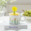 Mugs Cute Flower Embossed Mug With Lid Small Fresh Chrysanthemum Ceramic Cup Girl Design Niche Breakfast Coffee Milk