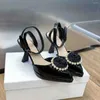 Sandalen 2023 Frühling Sommer Frauen Spitz Schuhe Schnalle Strap Echtes Leder Mode High Heels Blume Frau