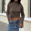 Women's T Shirts 2024 Casual Stripe Autumn Winter Turtleneck Sweater Women Y2K Distressed Vintage Clothes Slim Knit Crop Pullover Jumpers