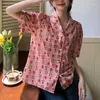 Blouses voor dames Harajuku Koreaanse modestraat afgewikkelde kraag dames Rose roze bloemen button up shirt vrouwen 2xl zomer tops casual los