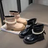Boots Winter Girl's Pearl Riband Patent Pu Leather Beautiful Children Short Boot Black Khaki Chunky Plush Warm Morden Kids Shoes